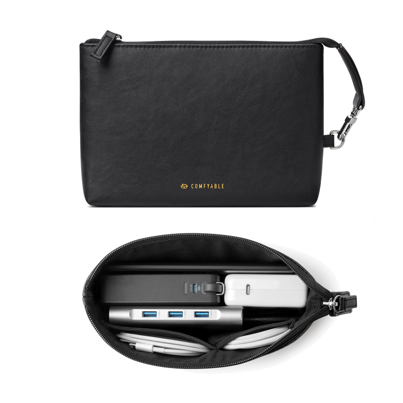Electronic Organizer Travel Case, Cord Storage Bag for Tech Accessories, Water-resistant Cable Organizer, Premium Leather Pouch for Charger, Phone, Cable, Mouse, Power Bank, Black