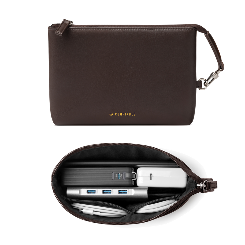 Electronic Organizer Travel Case, Cord Storage Bag for Tech Accessories, Water-resistant Cable Organizer, Premium Leather Pouch for Charger, Phone, Cable, Mouse, Power Bank, Chocolate