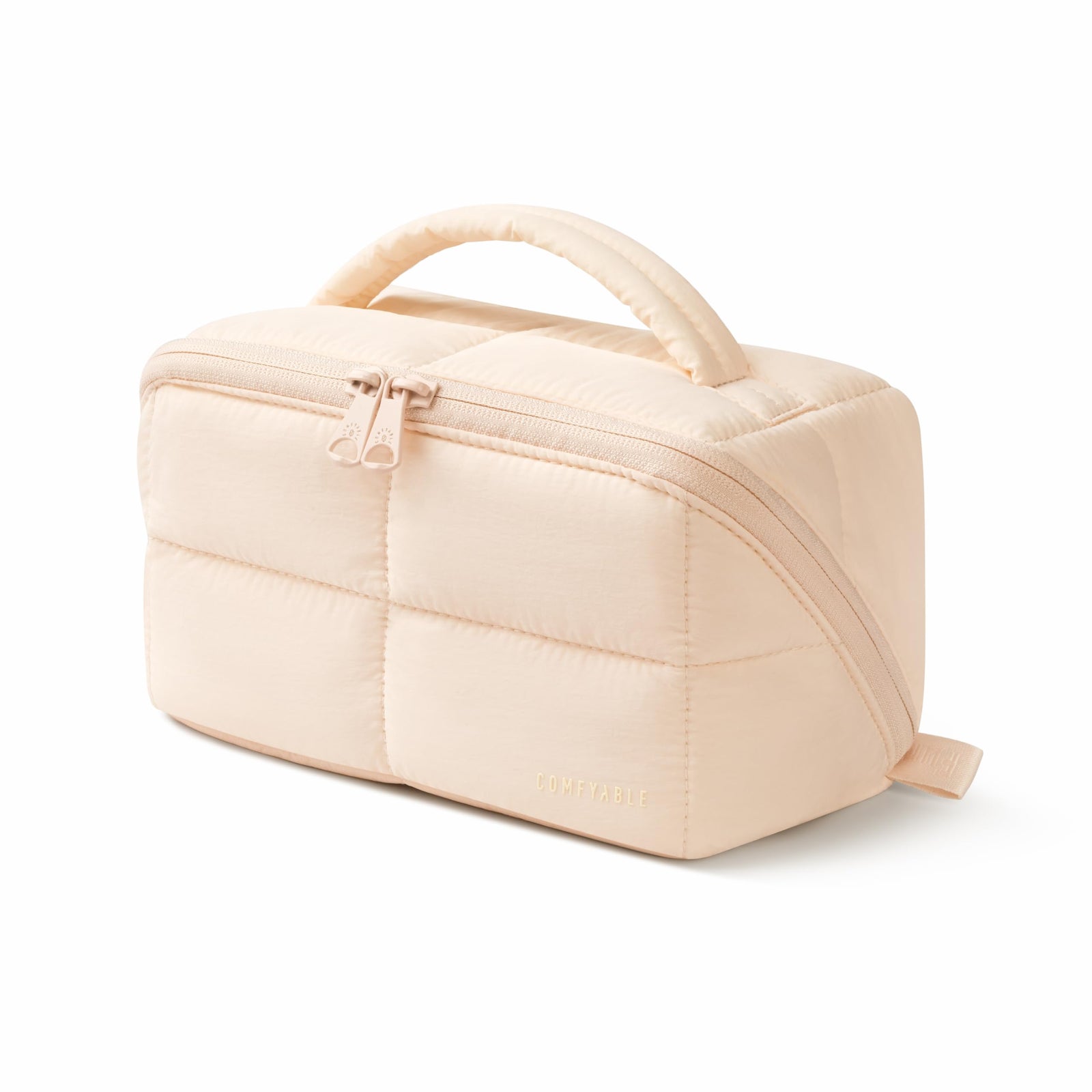 Puffy Makeup Bag for Women, Compact Cosmetic Organiser for Girl, Cute Lightweight Travel Pouch, Open Flat Water-Repellent Make Up Bag, Beige