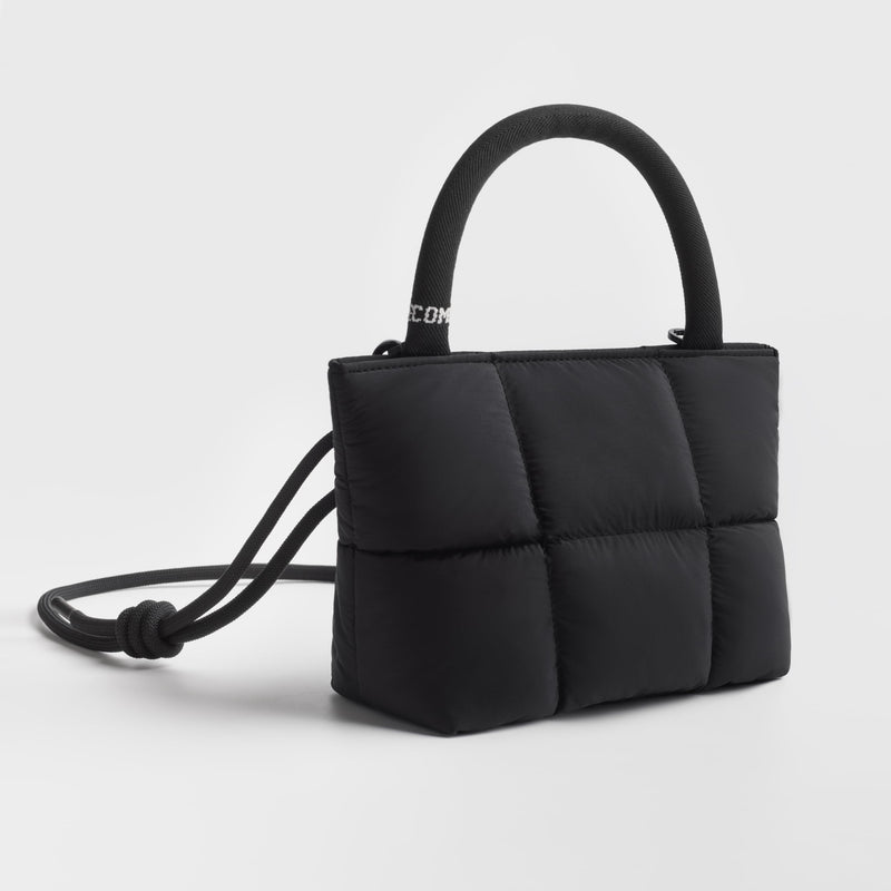 Stylish Puffy Top Handle Bag for Women, Cute Quilted Padded Purse for Daily Use, Small Lightweight Crossbody Bag with Adjustable Strap, Black