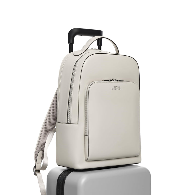 Comfyable x Edition Premium Vegan Leather Backpack for 13" 14" 15" 16" Laptops, Business Trip Backpack with Trolley Strap & YKK Zipper, Water-repellent Durable Bag for Men Women, Daypack for Work, LIGHT BEIGE