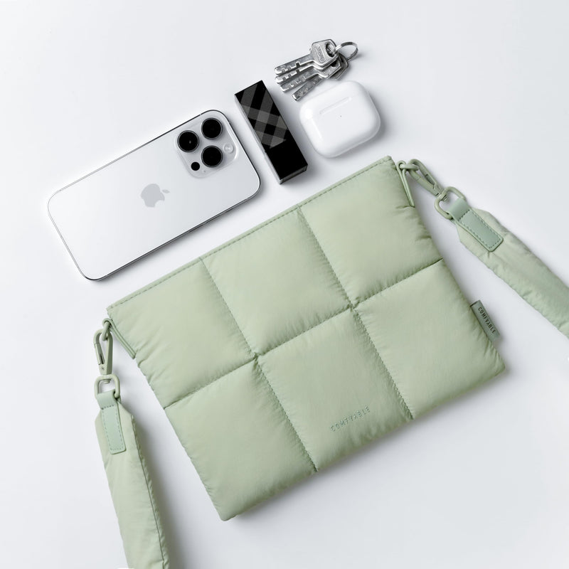 Comfyable Puffer Crossbody Bag, Quilted Puffy Cross Body Purse, Mini Small Pouch, Nylon, Sage
