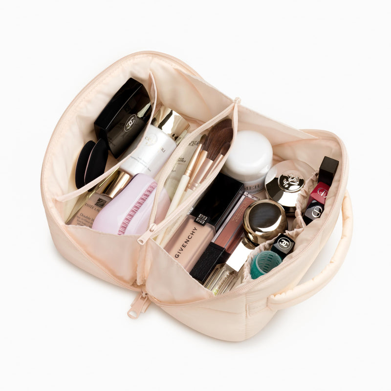 Puffy Makeup Bag for Women, Compact Cosmetic Organiser for Girl, Cute Lightweight Travel Pouch, Open Flat Water-Repellent Make Up Bag, Beige Puffy Makeup Bag for Women, Compact Cosmetic Organiser for Girl, Cute Lightweight Travel Pouch, Open Flat Water-Repellent Make Up Bag, Beige