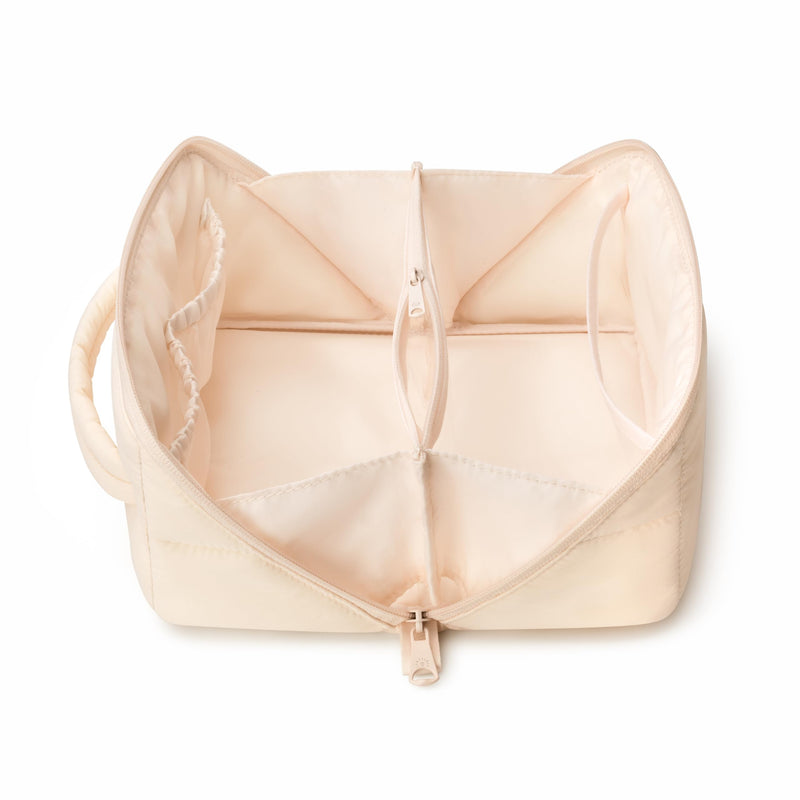 Puffy Makeup Bag for Women, Compact Cosmetic Organiser for Girl, Cute Lightweight Travel Pouch, Open Flat Water-Repellent Make Up Bag, Beige