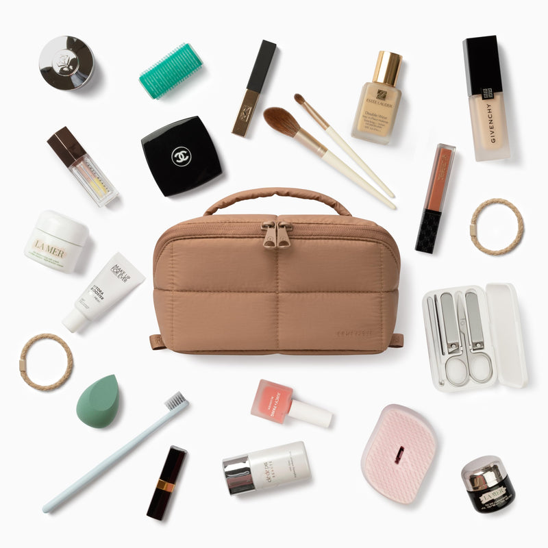 compact travel makeup bag Puffy Makeup Bag for Women, Compact Cosmetic Organiser for Girl, Cute Lightweight Travel Pouch, Open Flat Water-Repellent Make Up Bag, Brown