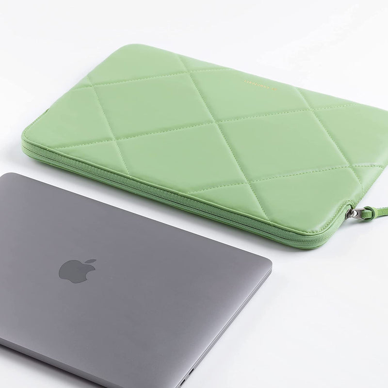 Slim Cute Quilted Faux Leather Laptop SLEEVE Carrying Case for Women, Computer Bag for MacBook Air M3 M2 M1, MacBook Pro 13 Inch 14 Inch, PISTACHIO