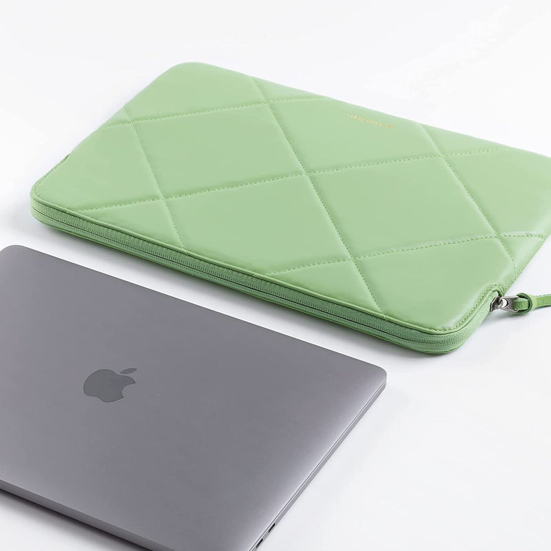 Slim Cute Quilted Faux Leather Laptop SLEEVE Carrying Case for Women, Computer Bag for MacBook Air M1 M2, MacBook Pro 13 Inch 14 Inch, PISTACHIO
