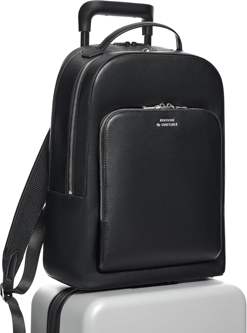 Comfyable x Edition Premium Vegan Leather Backpack for 13" 14" 15" 16" Laptops, Business Trip Backpack with Trolley Strap & YKK Zipper, Water-repellent Durable Bag for Men Women, Daypack for Work, BLACK