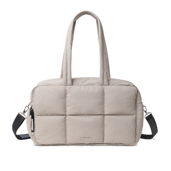 Nylon Duffle Bag for Travel, Gym, Weekender Luggage Puffer Bag with Removable Shoe Compartment, Carrying Overnight Bag with Laptop Compartment For Women Men, Water-Repellent, Taupe